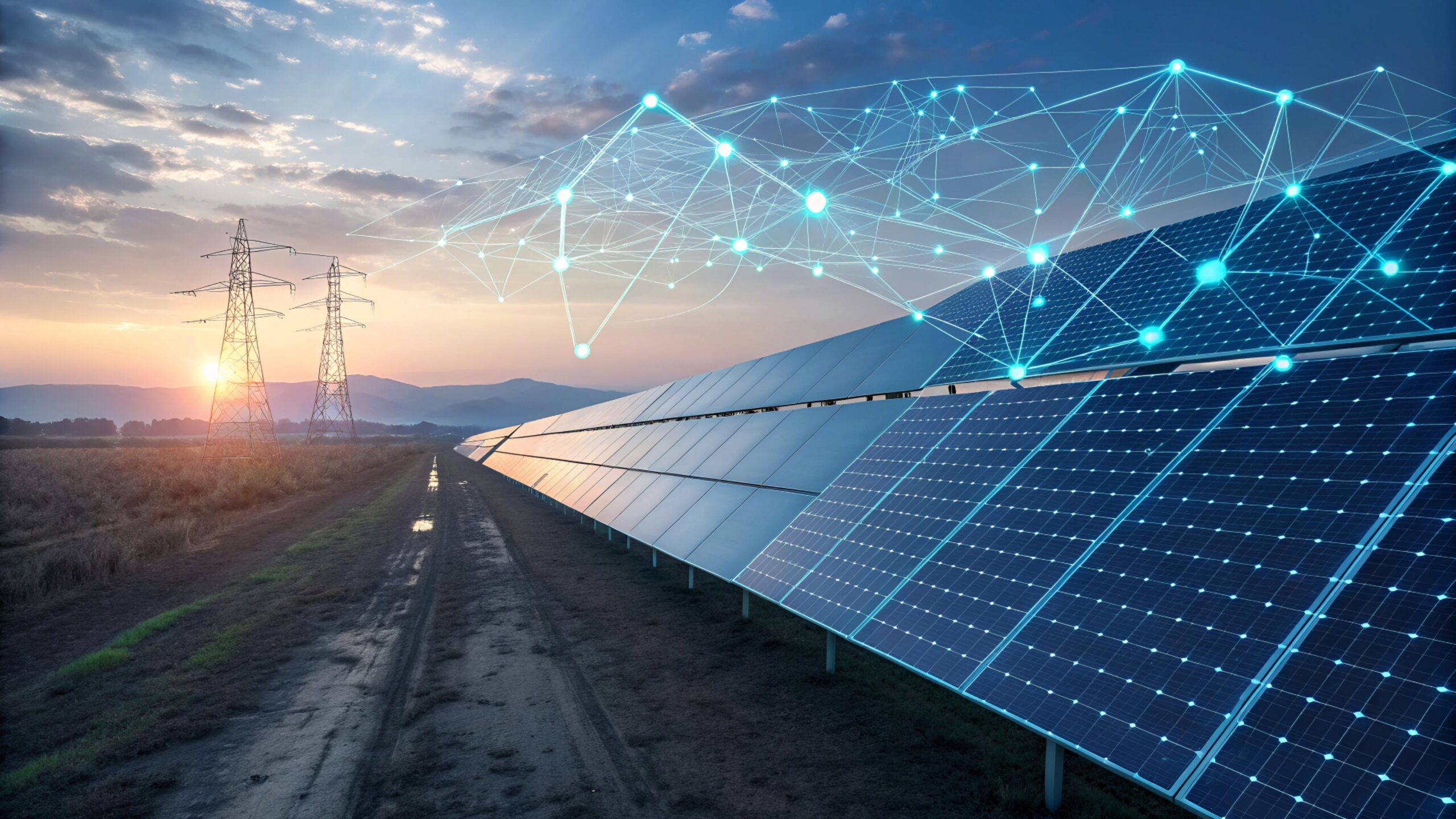 zonnenpanelen bij zonsondergang met een digitaal netwerk erboven